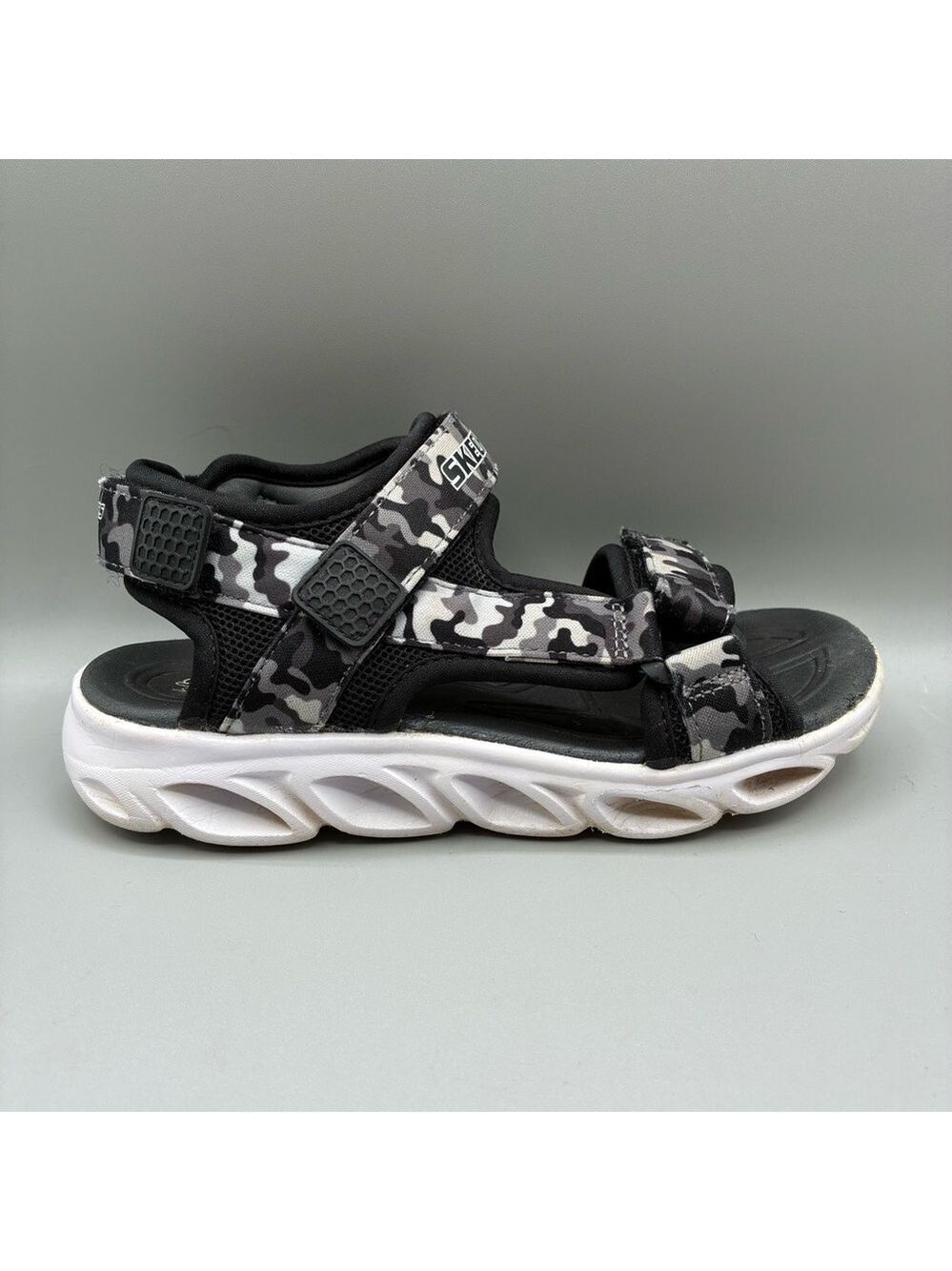Skechers Light Hypno-Splash Sun Break Sandals Youth Boy 1 Black Gray Hook & Loop